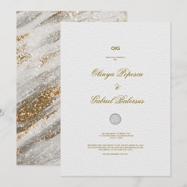 Convite para Casamento Branco com Traços Dourados  (Frente/Verso)