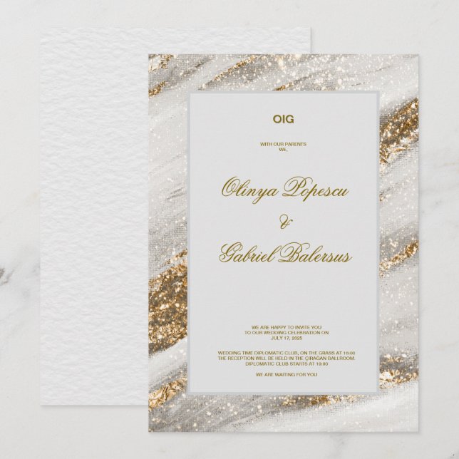 Convite para Casamento Branco com Traços Dourados  (Frente/Verso)