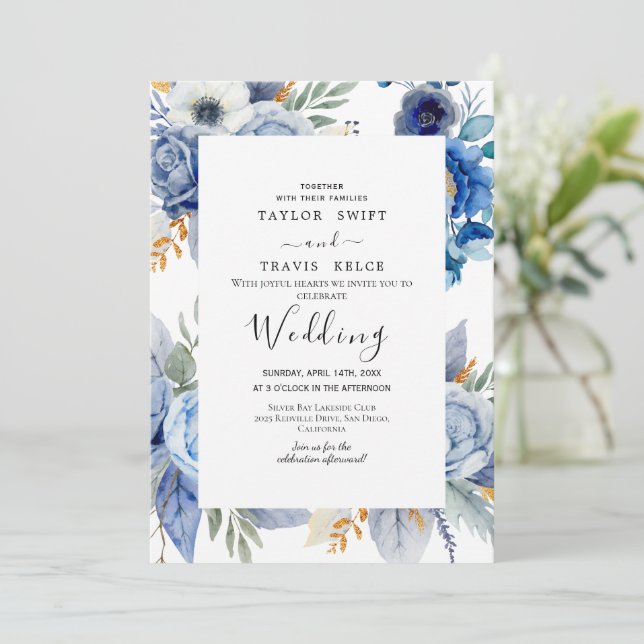 Convite para Casamento Branco de Hydrangea Azul (Em pé/Frente)