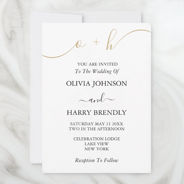 Convite para Casamento Branco de Script Dourado Mo (Stylishly Personalize with Your Monogram Initials & Custom Wedding Information.)