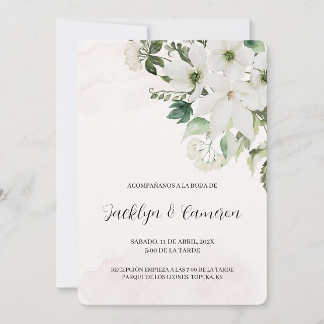Convite para Casamento Branco Floral Espanhol (Frente)