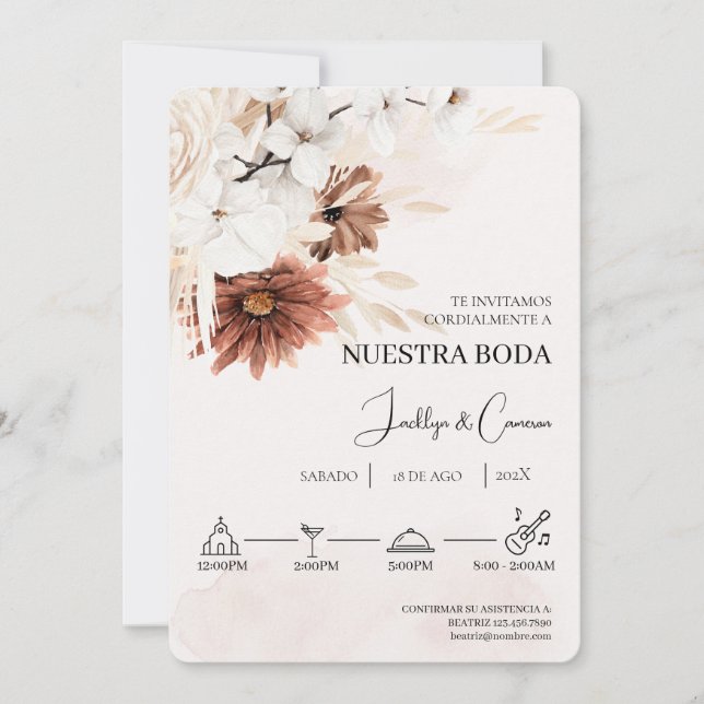 Convite para Casamento Branco Floral Espanhol (Frente)