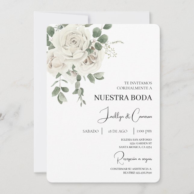 Convite para Casamento Branco Floral Espanhol (Frente)