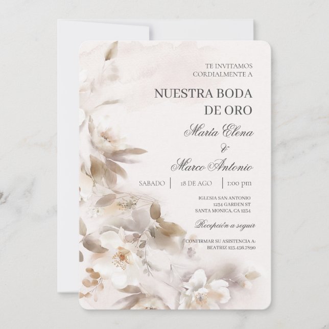 Convite para Casamento Branco Floral Espanhol (Frente)