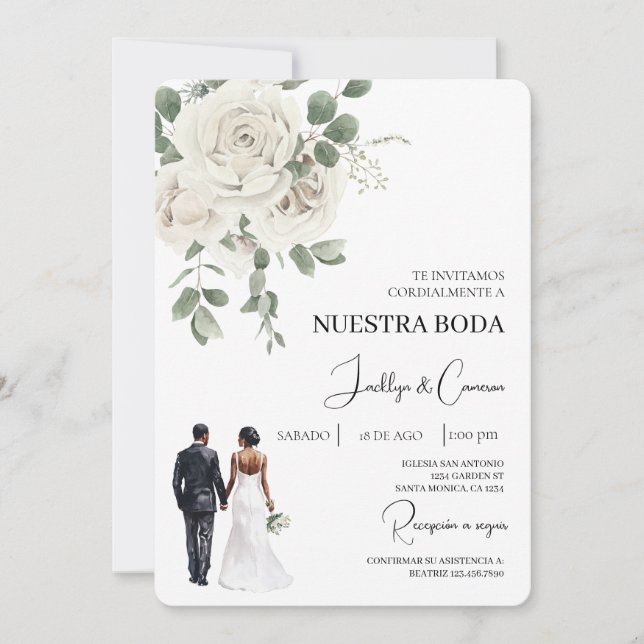 Convite para Casamento Branco Floral Espanhol (Frente)