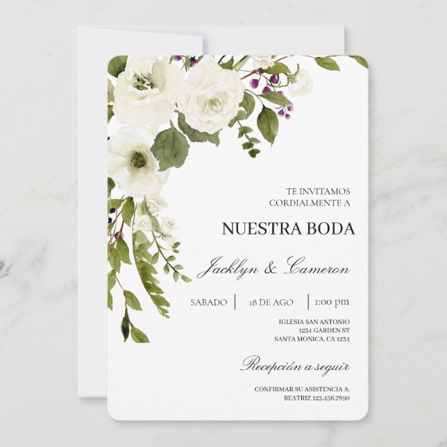 Convite para Casamento Branco Floral Espanhol (Frente)