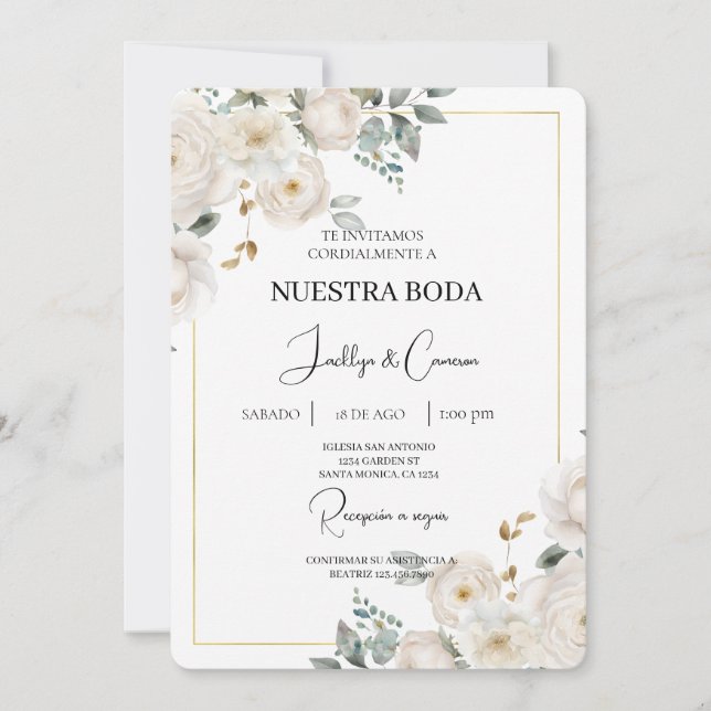 Convite para Casamento Branco Floral Espanhol (Frente)