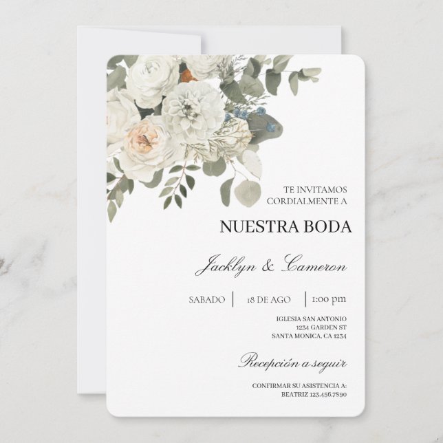Convite para Casamento Branco Floral Espanhol (Frente)