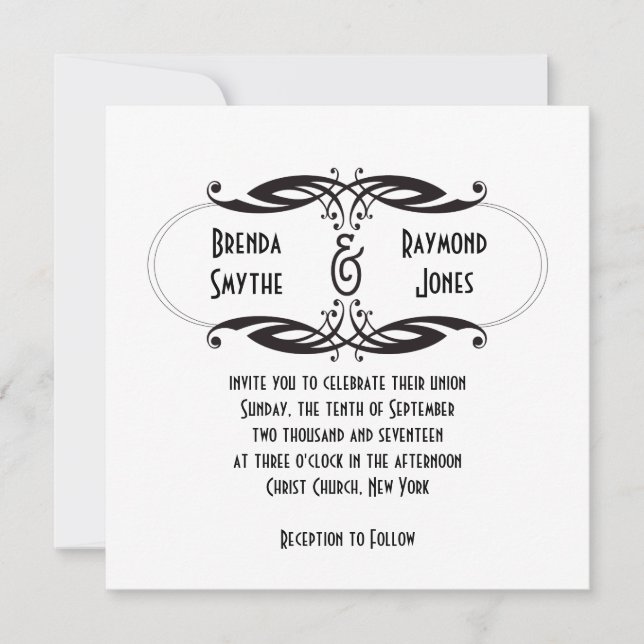 Convite para Casamento Branco Preto de Art Deco| I (Frente)