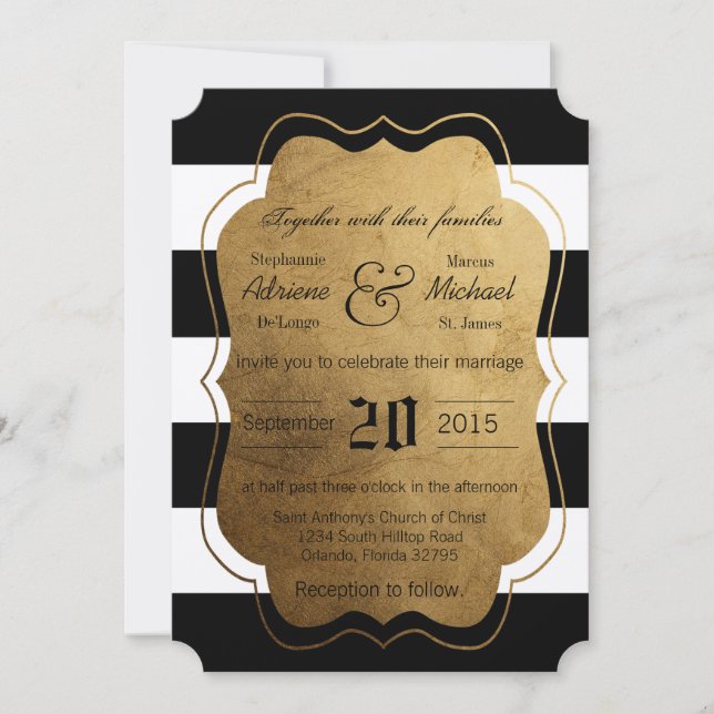 Convite para Casamento Branco Preto de Stripe Mode (Frente)