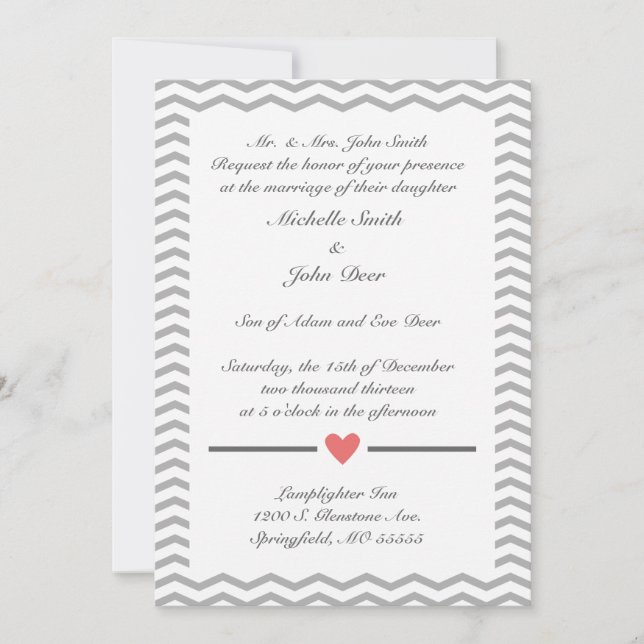 Convite para Casamento Chevron Perfeito em Coral e (Frente)