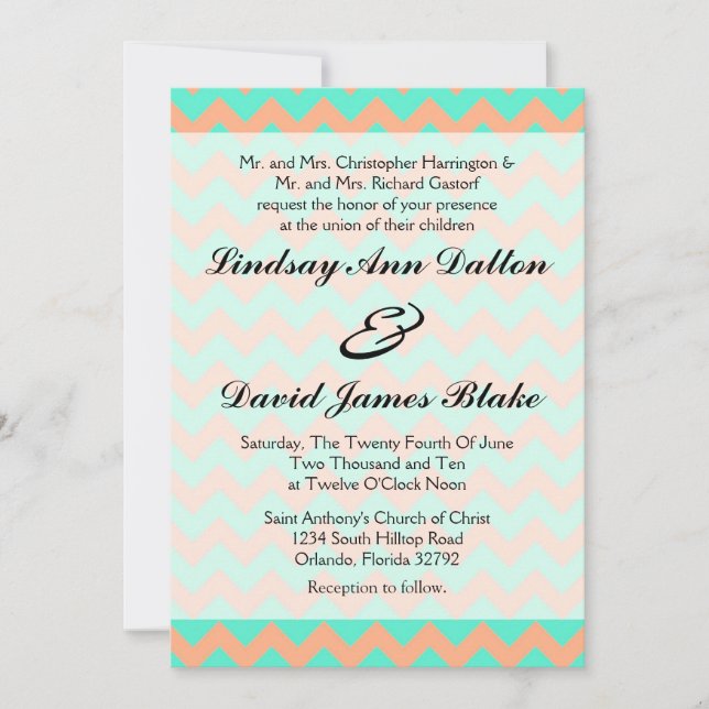Convite para casamento Chevron Seafoam e Salmon (Frente)