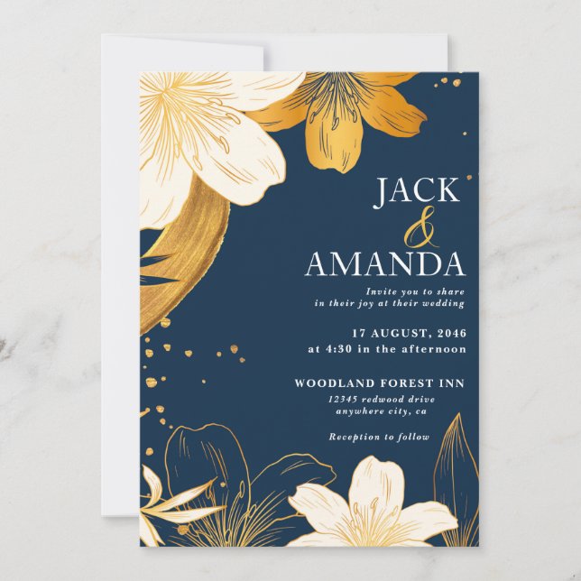 Convite para Casamento Chic com Flor Azul do Marin (Frente)