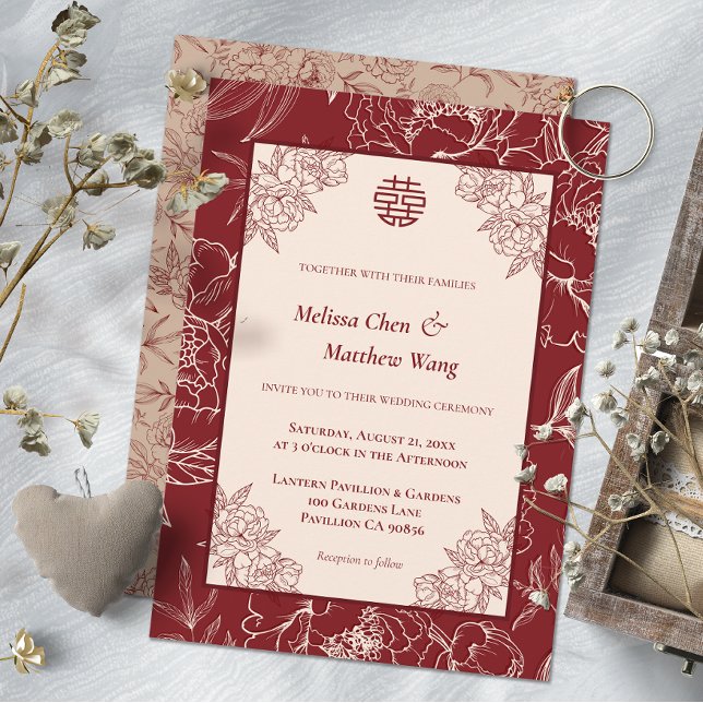 Convite para Casamento Chinês Floral de Lace Elega (Elegant Lace Floral Chinese Wedding Invitation)