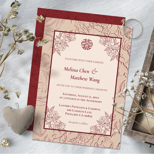 Convite para Casamento Chinês Floral de Lace Elega (Elegant Lace Floral Chinese Wedding Invitation)