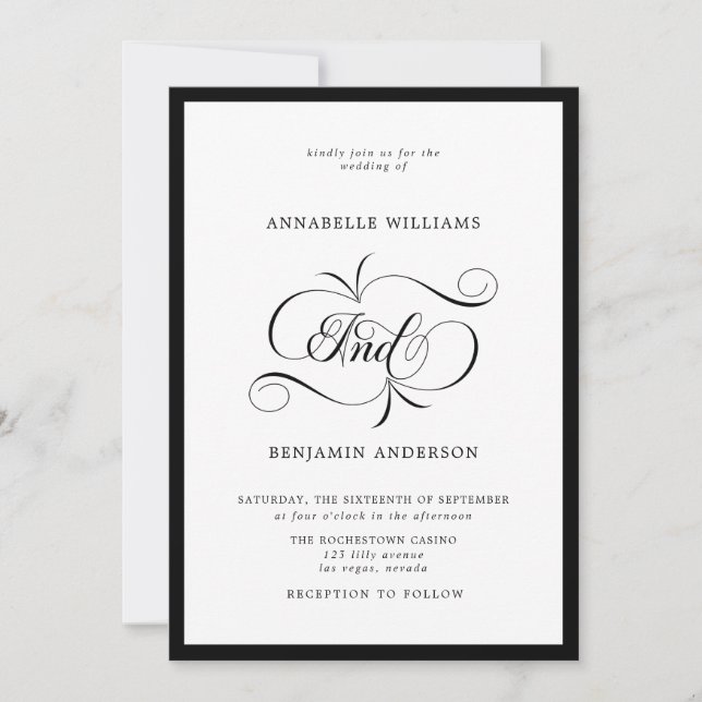 Convite para Casamento Clássico Elegante Preto e B (Frente)