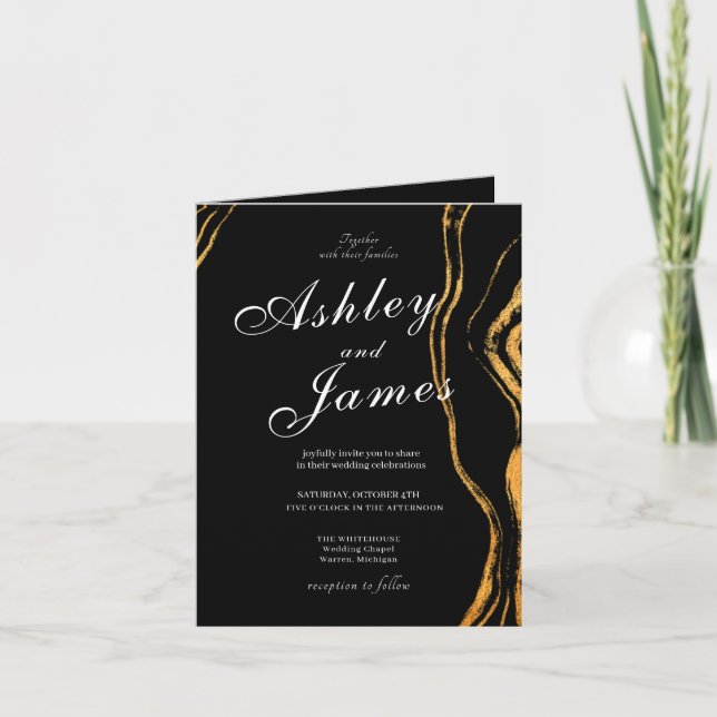 Convite para Casamento Clássico Preto e Dourado (Frente)