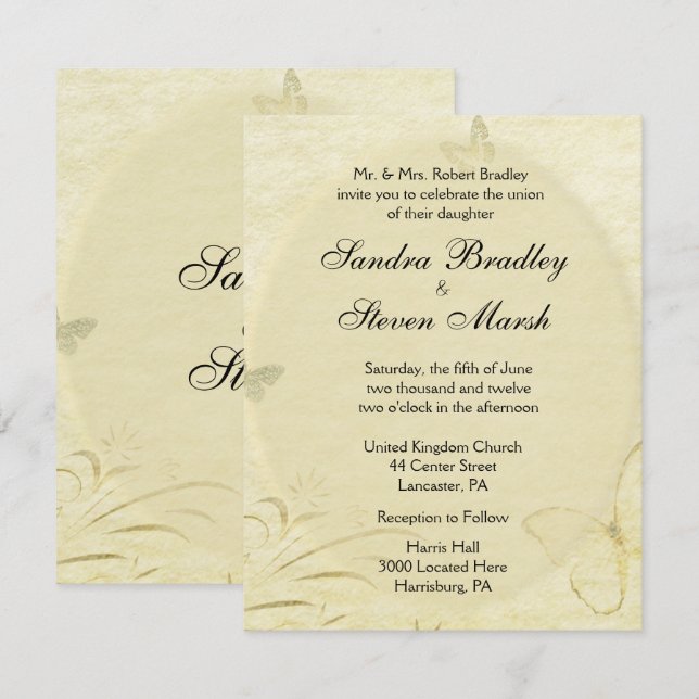 Convite para Casamento com Borboleta Vintage (Frente/Verso)