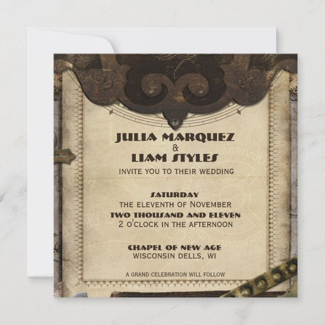 Convite para Casamento com Couro Vitoriano Steampu (Frente)