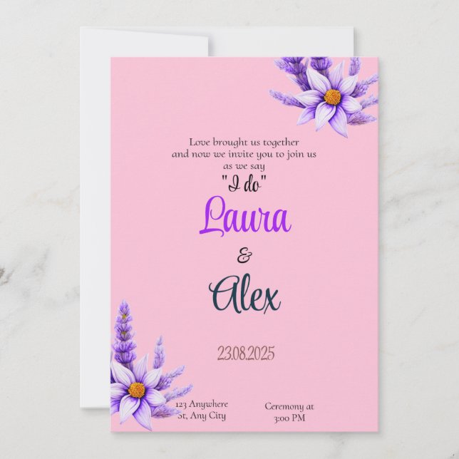 Convite para Casamento com Flor Roxo (Frente)