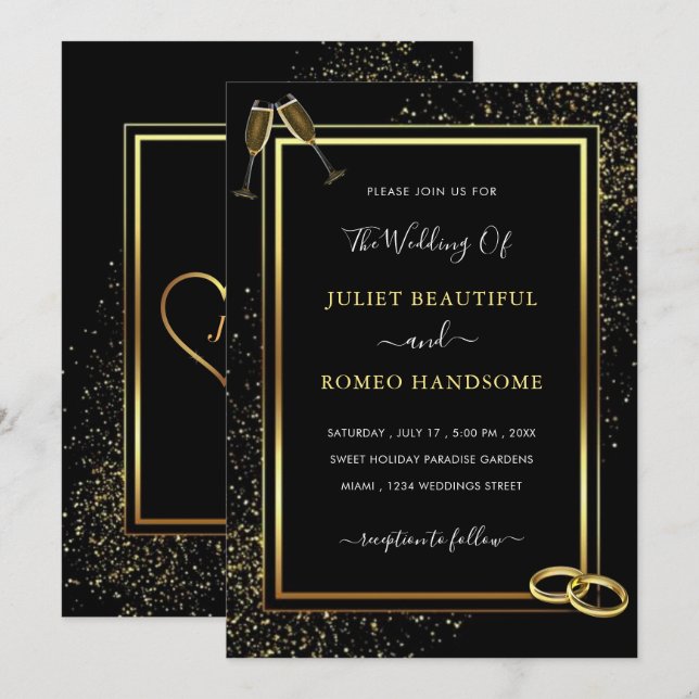 Convite para Casamento com Sparkle Preto e Dourado (Frente/Verso)