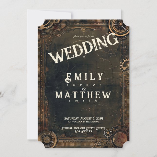 Convite para Casamento com Steampunk Noir (Frente)