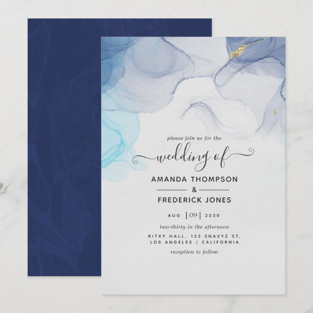 Convite para Casamento com Tinta Azul e Dourada de (Frente/Verso)