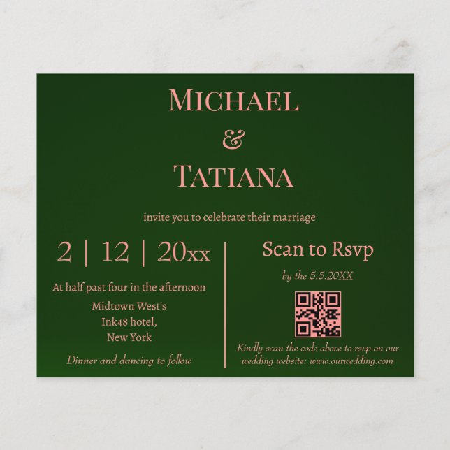 convite para casamento coral e verde rsvp qr code (Frente)