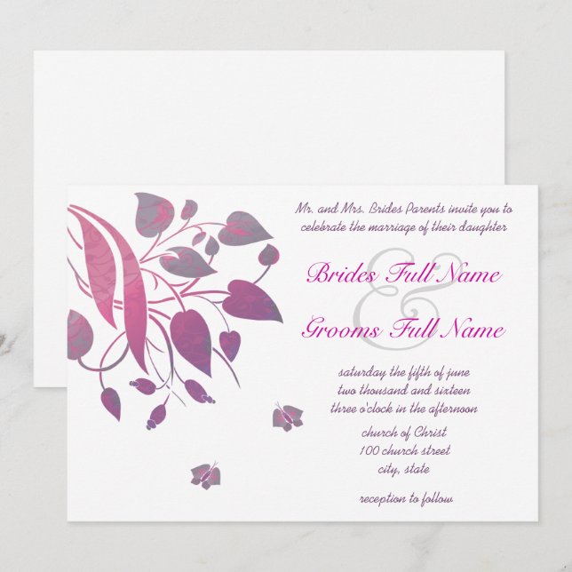 Convite Para Casamento Da Borboleta Da Cinza Plum  (Frente/Verso)