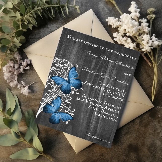 Convite para casamento da borboleta russa azul (Blue Rustic Butterfly Wedding Invitation)