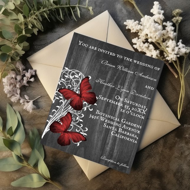 Convite para casamento da borboleta russa vermelha (Red Rustic Butterfly Wedding Invitation)