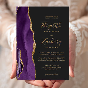 Convite para Casamento Dark Dourado de Agate Roxo 