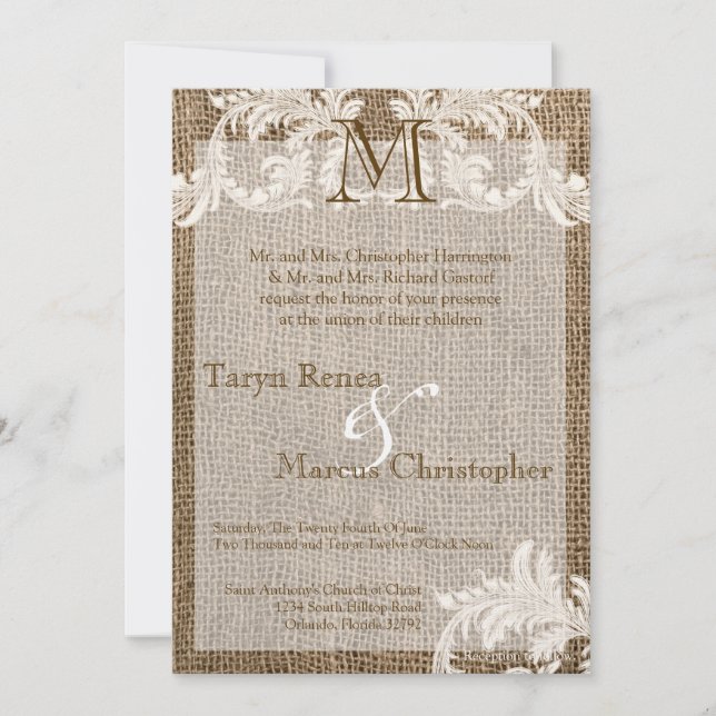 Convite para Casamento de 5x7 Burlap e Lace Monogr (Frente)