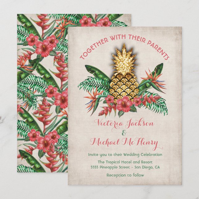 Convite para Casamento de Abacaxi de Ouro Tropical (Frente/Verso)