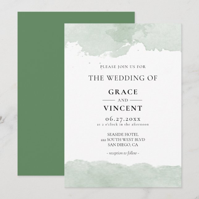 convite para casamento de abstrato verde aquarela (Frente/Verso)