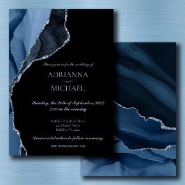 Convite para Casamento de Agato Azul Marble Elegan