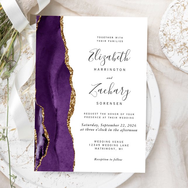 Convite para Casamento de Agatos Dourados Roxo Mod (The perfect choice for a purple and gold themed wedding.)