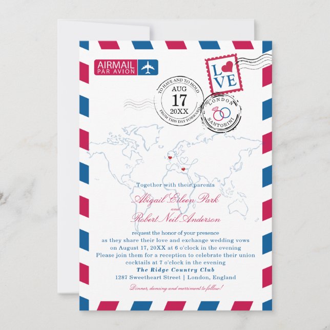 Convite para Casamento de Airmail em Londres e San (Frente)