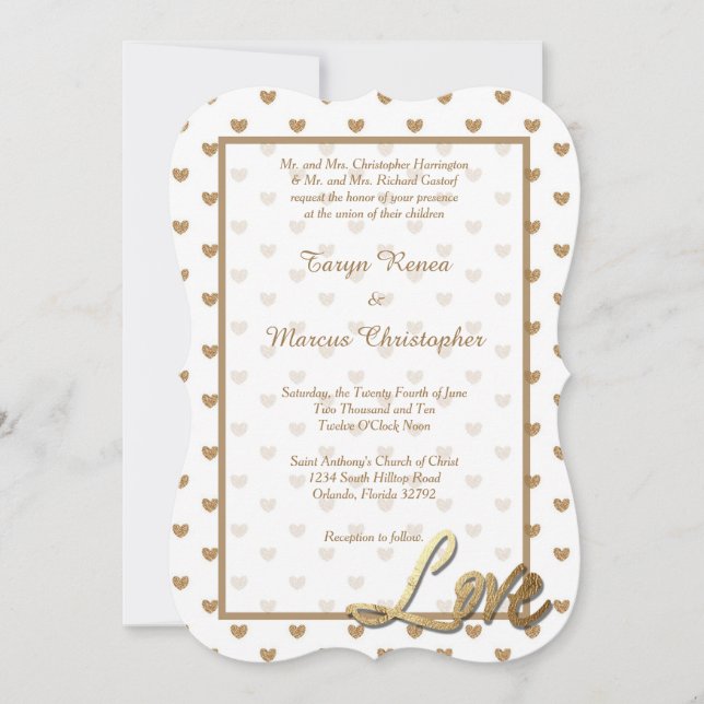 Convite para Casamento de Amor e Corações Dourado  (Frente)