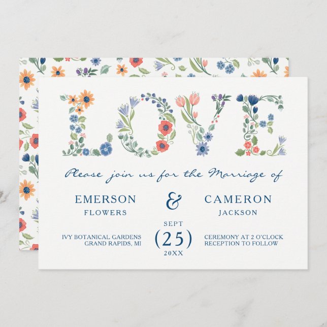 Convite para casamento de amor floral (Frente/Verso)
