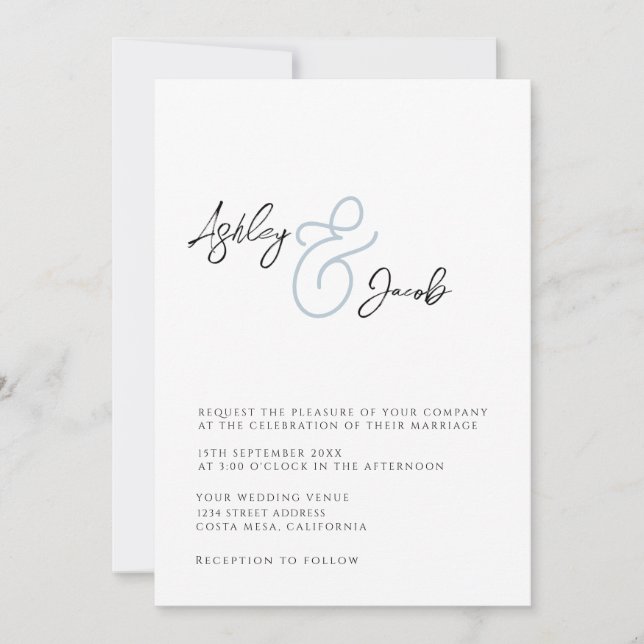 Convite para Casamento de Ampersand Azul Elegante (Frente)