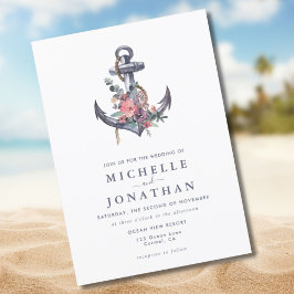 Convite para Casamento de Âncora Floral Náutica