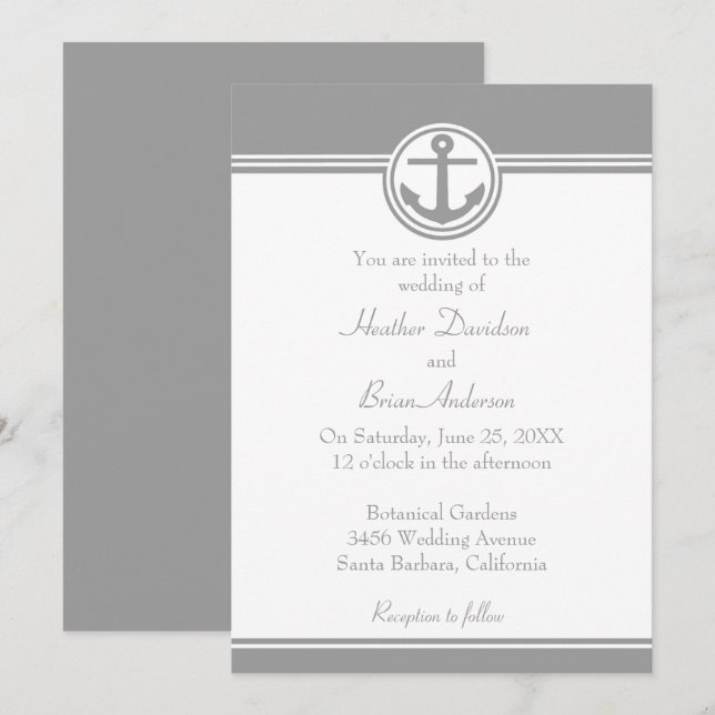 Convite para Casamento de Âncora Náutica da cinza (Frente/Verso)