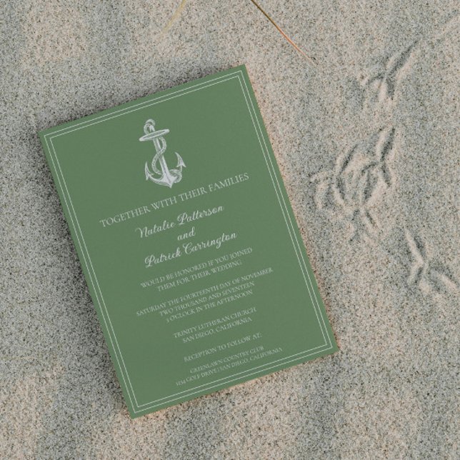 Convite para Casamento de Âncora Náutica Verde Mos (Moss Green Nautical Anchor Wedding Invitation)