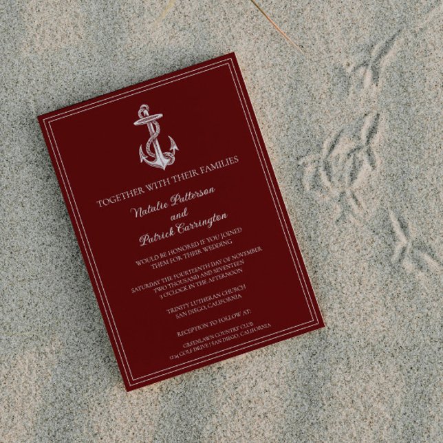 Convite para Casamento de Âncora Náutica Vermelha (Red Nautical Anchor Wedding Invitation)