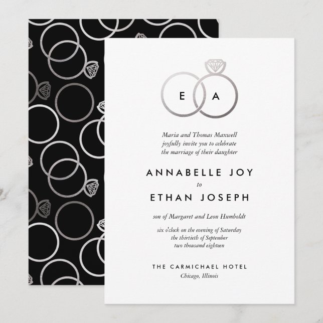 Convite para Casamento de Anéis de Prata Modernos (Frente/Verso)