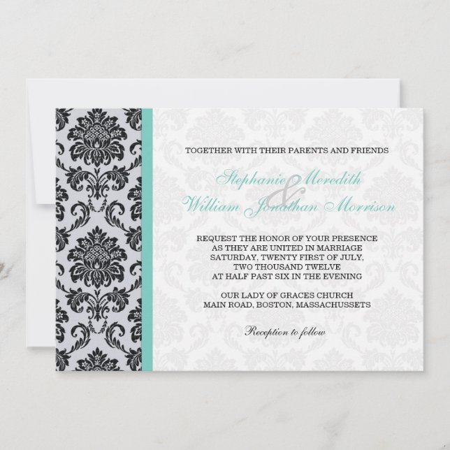 Convite para Casamento de Aqua Damask Monograma (Frente)