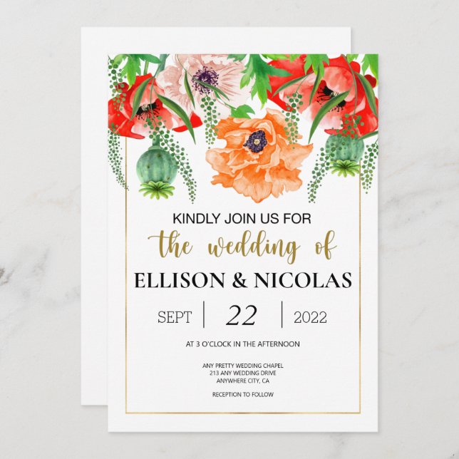 Convite para Casamento de Aquarela de Poppies (Frente/Verso)