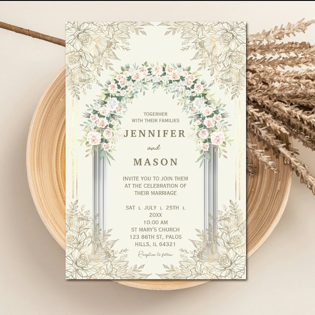 Convite para Casamento de Arca Floral Elegante (Elegant Floral Arch Wedding Invitation #zazzlemade #romanticweddinginvitation #rusticinvitation )