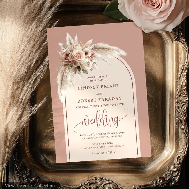 Convite para Casamento de Arch Pampas Rosa Moderno (Modern Dusty Pink Pampas Arch Wedding Invitation)